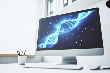Creative DNA sketch on modern laptop monitor, biotechnology and genetic concept. 3D Rendering