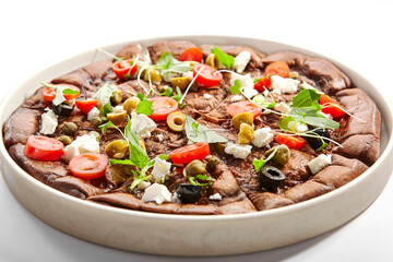 Borodino foccacia with tomatoes, olives and cheese