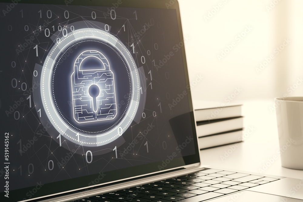 Aufkleber creative idea concept with lock symbol and microcircuit illustration on modern laptop screen. protec