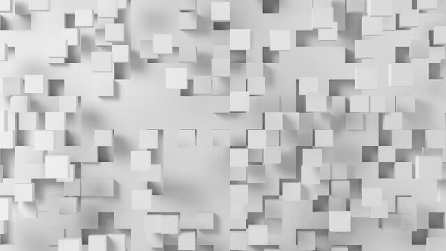 Looping 3D animation of a white wall breaking down into disappearing cubes satisfying video 