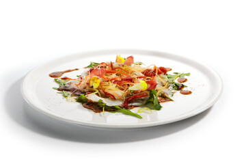 Beef carpaccio with dijon mustard cream side view