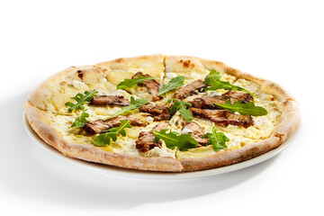 Pizza with eel, pear and cheese sauce