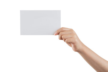 Fototapeta premium Hand of a young woman holding a white cardboard to mount an image or advertising text, with a white background