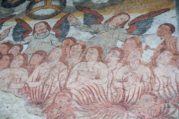 souls in purgatory wall paintings , Romanesque church, Mont village, Louron valley, Occitanie, Pyrenean mountain range, France