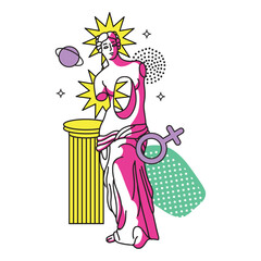 Abstract illustration of Greek sculpture in psychedelic style. Sculpture of trippy Venus with abstract shapes, antique column, stars. Y2k Antiquity. Vector linear illustration. © LanaSham