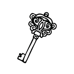 An old beautiful key with monograms and patterns. The key icon or logo is an isolated symbol sign. Icons in black style. Vector single sketch of an antique key on a white background.