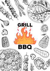 Grilled fish meat and vegetables frame. Fish on grill. Barbecue dishes hand-drawn. Bbq grill food sketch. Vector illustration. Engraved design.
