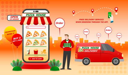 Food delivery service, Pizza restaurant application on mobile, Banner design advertising promotion discount and shipment, Product express delivery and male staff, Online store business and technology.