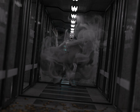 Strange creature running down a corridor through a veil of smoke