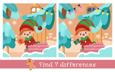 Find 7 differences. Game for children. Cute elf with gift on porch of house. Vector hand drawn illustration.