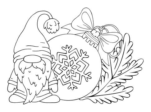 Coloring book gnome christmas ball line art. Cute character, fir branch, toy. Hand drawn vector black and white illustration.