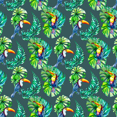 Obraz na płótnie Canvas Toucan tropical bird and palm leaves watercolor seamless pattern isolated.