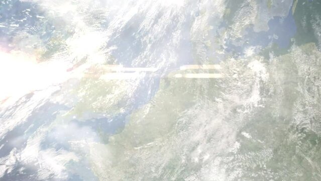 Flight from Amsterdam Airport to London with zoom from space and focus. 3D animation. Background for travel intro by plane. Images from NASA