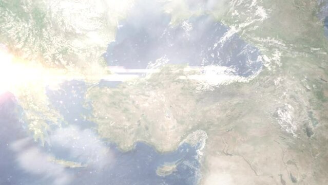 Flight from Ankara Airport to Istanbul with zoom from space and focus. 3D animation. Background for travel intro by plane. Images from NASA