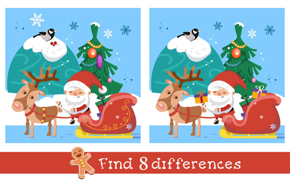 Find 8 differences. Game for children. Santa Claus and gifts in sleigh with reindeer. Vector hand drawn illustration.