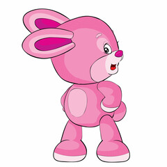 pink toy hare put his hands on his belt and evil looks to the side, cartoon illustration, isolated object on a white background, vector,