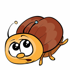 cute brown beetle character with big eyes scared of something and running away, cartoon illustration, isolated object on white background, vector,