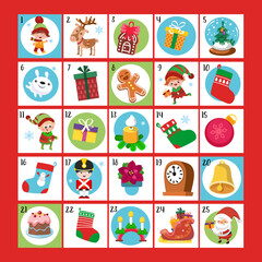 Advent calendar. Cute elves, Santa Claus and set of Christmas items in cartoon style. Design elements for posters, games, books, puzzles. Vector hand drawn illustrations.