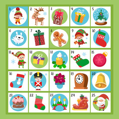 Advent calendar. Cute elves, Santa Claus and set of Christmas items in cartoon style. Design elements for posters, games, books, puzzles. Vector hand drawn illustrations.