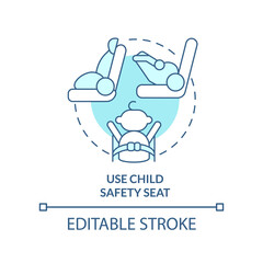 Use child safety seat turquoise concept icon. Flight safety abstract idea thin line illustration. Travel with stroller. Isolated outline drawing. Editable stroke. Arial, Myriad Pro-Bold fonts used