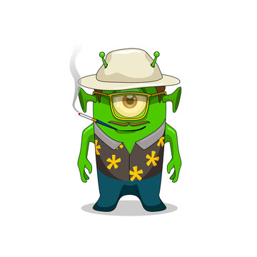 cartoon funny childish hunter thompson alien with hat raster illustration. Raster illustration