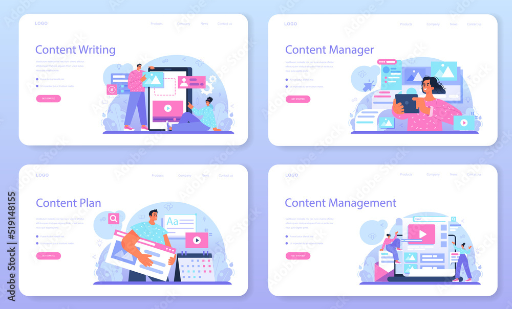 Sticker content manager web banner or landing page set. idea of digital strategy