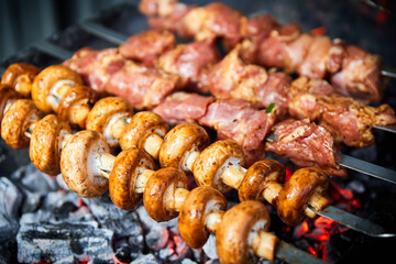 Champignon mushrooms and pieces of pork are grilled on skewers on the grill