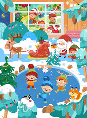 Cute Santa, reindeer, elves are getting ready for Christmas, boys and girls are skating. Animals in forest. Winter scene in cartoon style. Vector illustration for books, puzzles.