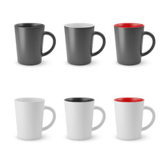 Illustration of Six Realistic Empty Ceramic Coffee Cup or Tea Mug on a White Backdrop. Isolated Mockup with Shadow Effect, and Copy Space for Your Design