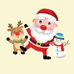 Santa clause, snowman and reindeer dance and celebrate on Christmas day