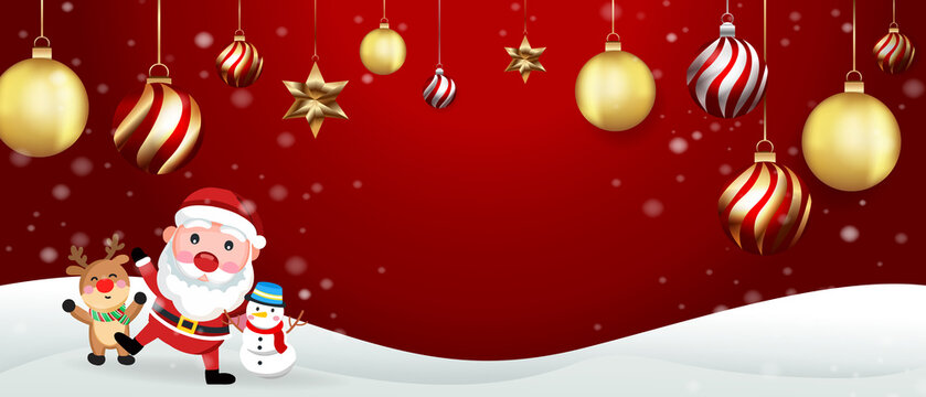 Christmas background, Santa clause, snowman and reindeer dance and celebrate on white snow, copy space for text in middle