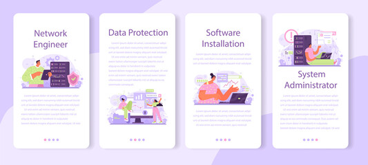 Network engineer mobile application banner set. Specialist setting up