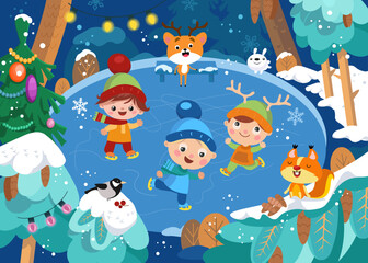 Cute boys and girl go ice skating in winter. Animal in forest. Winter scene in cartoon style. Vector illustration for books, puzzles. 