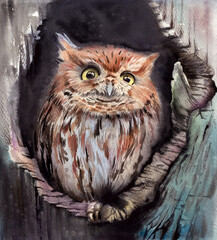 Watercolor illustration of a cute owl with spotted red feathers and green eyes sitting in a round tree hollow