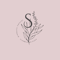 Minimal feminine floral monogram and logo. Hand drawn wedding herb, elegant leaves. Botanical rustic trendy greenery vector