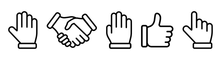 Set of different hands, like, handshake, cursor, thumb up line icons