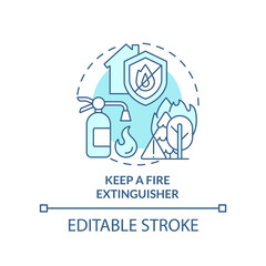 Keep fire extinguisher turquoise concept icon. Surviving wildfire at home abstract idea thin line illustration. Emergency. Isolated outline drawing. Editable stroke. Arial, Myriad Pro-Bold fonts used