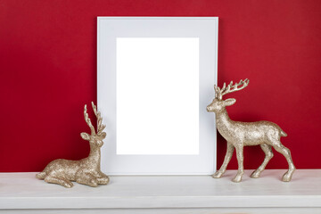 Mock up poster. Minimal template with empty picture frame mock up. Minimalist Christmas interior decoration, reindeer