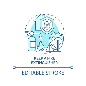 Keep Fire Extinguisher Turquoise Concept Icon. Surviving Wildfire At Home Abstract Idea Thin Line Illustration. Emergency. Isolated Outline Drawing. Editable Stroke. Arial, Myriad Pro-Bold Fonts Used