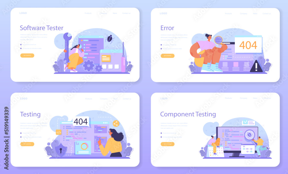 Poster software tester web banner or landing page set. application or website