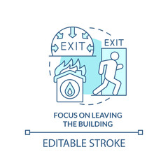 Focus on leaving building turquoise concept icon. Survive fire abstract idea thin line illustration. Move to nearest exit. Isolated outline drawing. Editable stroke. Arial, Myriad Pro-Bold fonts used