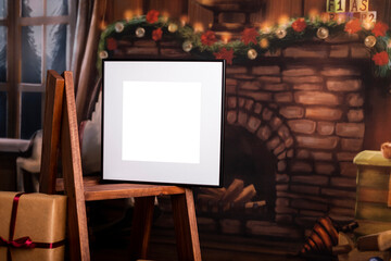 Mock up poster. Minimal template with empty picture frame mock up. Minimalist Christmas interior decoration