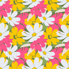 Floral pattern. Seamless vector bright flowers white, yellow and pink on green background. Seamless botanical pattern for home textile print design or packaging or clothing.