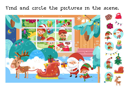 Find and circle objects. Educational game for children. Cute Santa, elves and Christmas. Character in cartoon style. Vector color illustration.