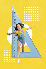 Vertical collage picture of excited funny small girl jump through triangular isolated on yellow drawing background