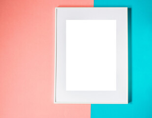 Mock up poster. Minimal template with empty picture frame mock up. Pink and blue background