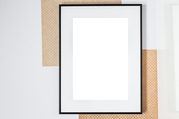 Mock up poster. Minimal template with empty picture frame mock up. White background, boho