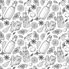 Kombucha tea and ingredients for kombucha seamless pattern. Lemonade background design. Hand drawn vector illustration. Kombucha or cold lemonade package design template. - obrazy, fototapety, plakaty
