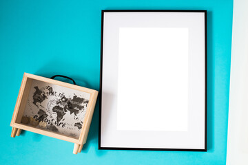 Mock up poster. Minimal template with empty picture frame mock up. Holiday poster. Blue background