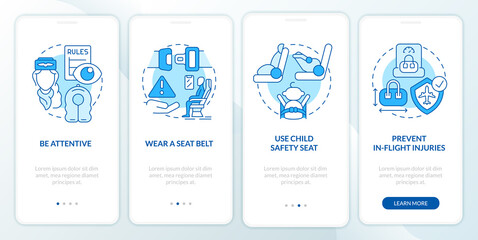 Fototapeta na wymiar Airplane passenger safety blue onboarding mobile app screen. Walkthrough 4 steps editable graphic instructions with linear concepts. UI, UX, GUI template. Myriad Pro-Bold, Regular fonts used